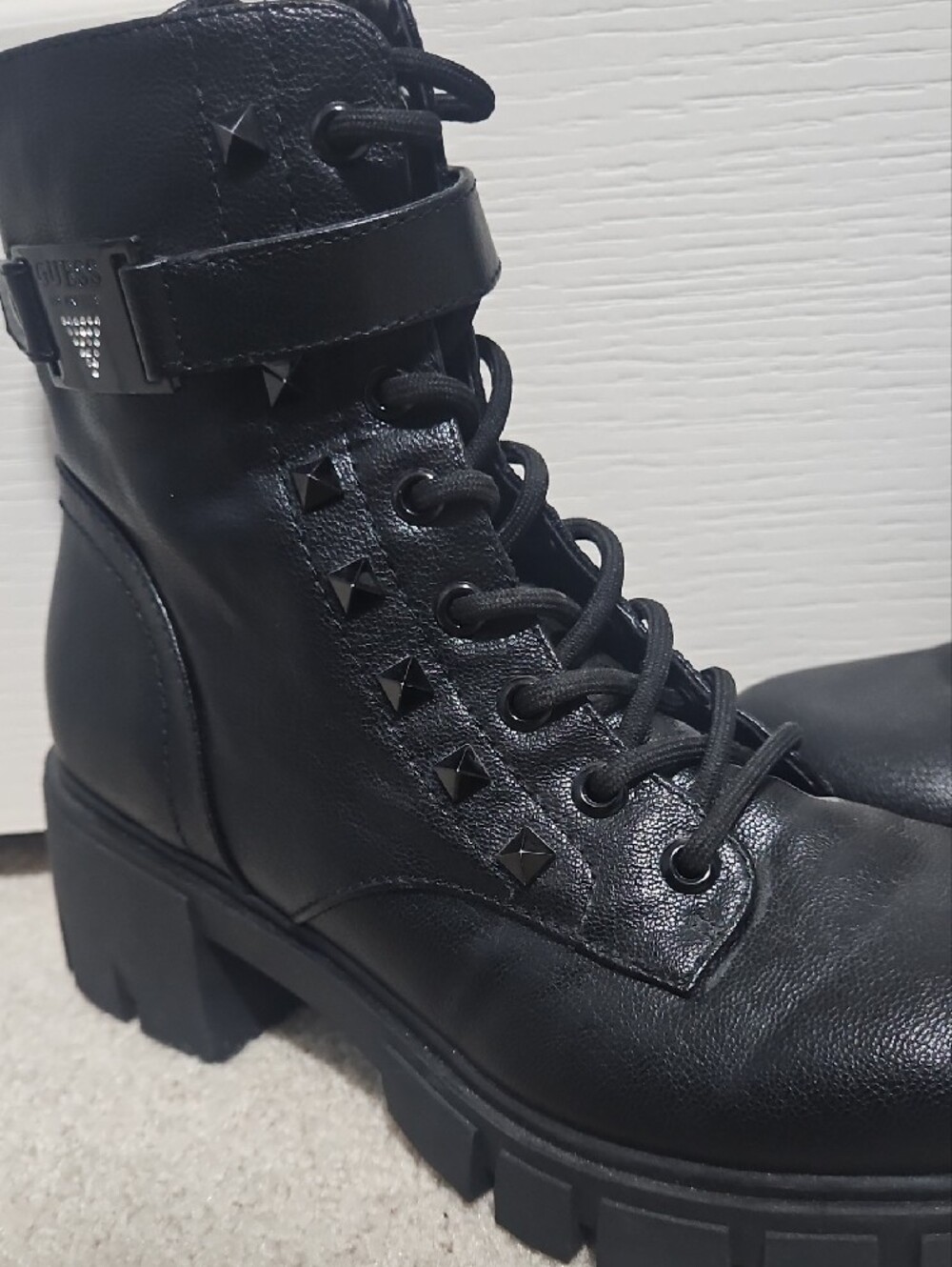 G by Guess Women's Black Lace-Up Combat Boots with Buckle Strap - Picture 2 of 3